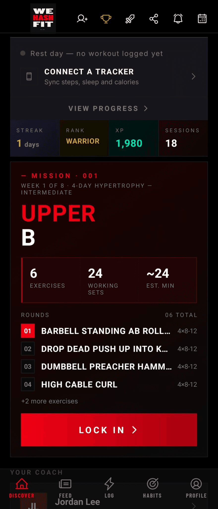 Discover screen: today’s workout card with streak, rank, XP and session stats