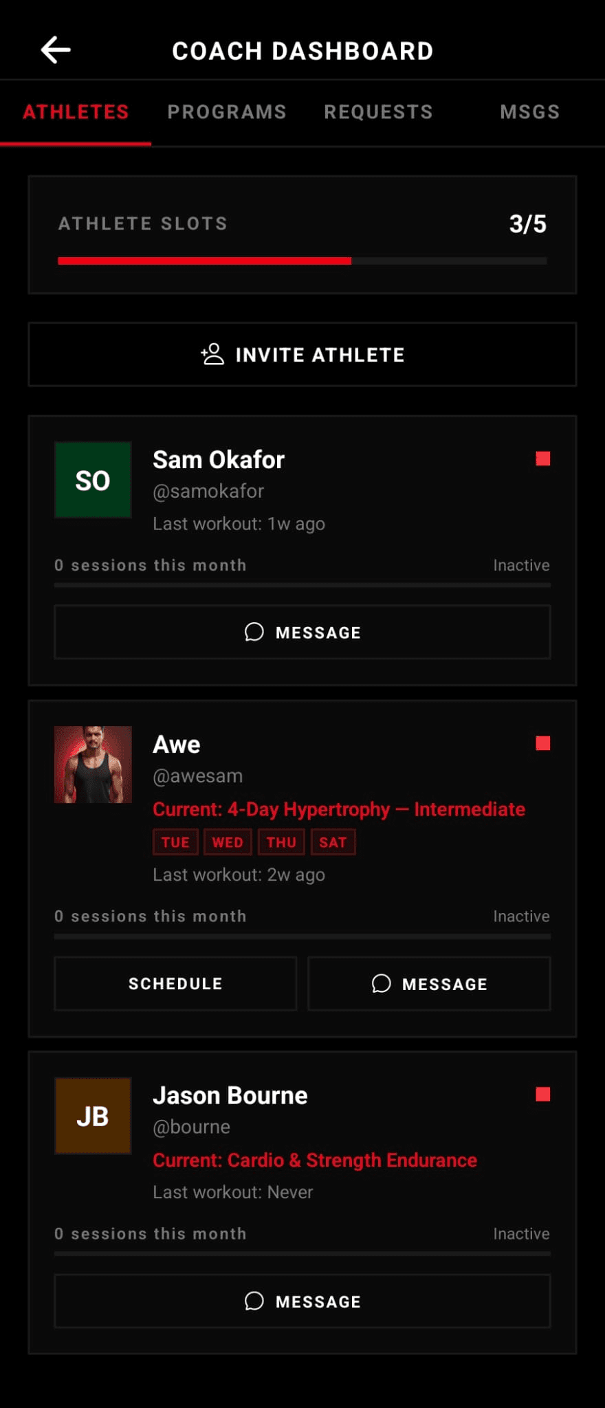 Coach dashboard with athlete roster and compliance at a glance